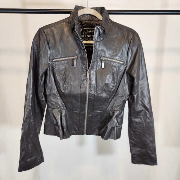 Blanc Nior Black Leather Ruffle Trim Jacket Sz Medium - Picture 1 of 11